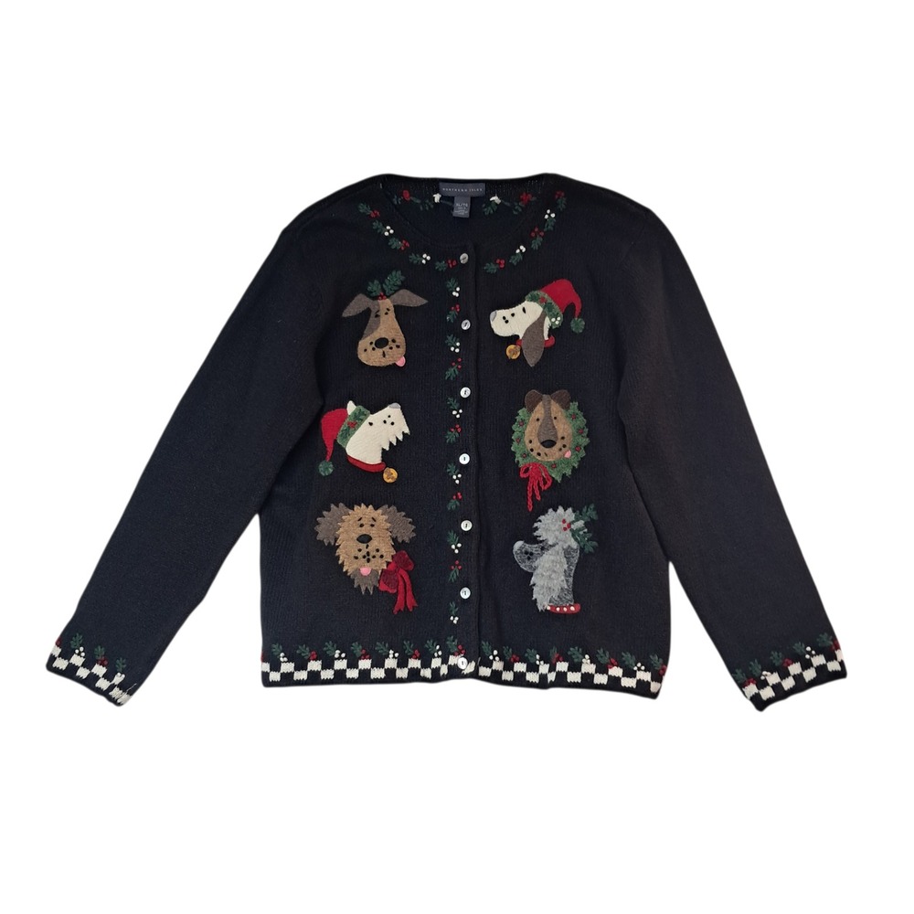 Vintage Northern Isles Sweater Cardigan Women's‎ XL Black Dogs Novelty Christmas